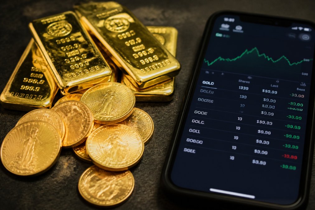 Close-up of gold bullion coins and bars arranged on a dark surface next to a smartphone displaying a brokerage account screen, warm directional lighting highlighting the metallic surfaces