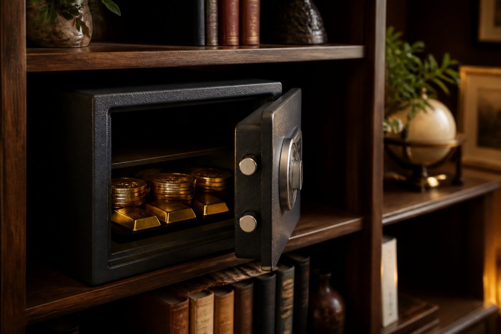 A small personal home safe open on a shelf with gold coins visible inside, set in a clean home office with warm ambient lighting and wooden shelving