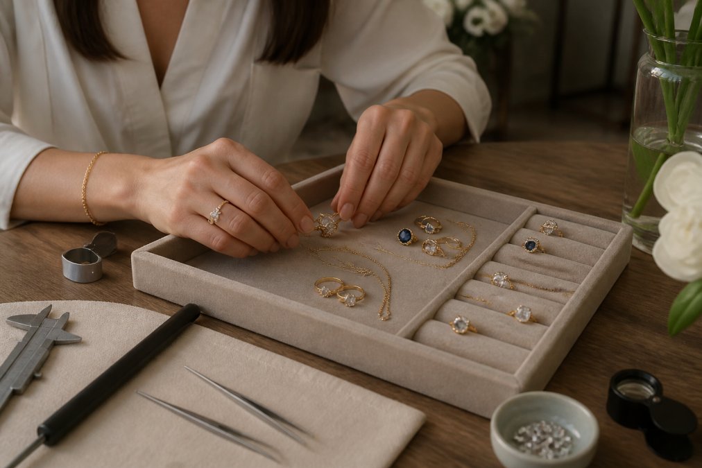 A woman's hands gently arranging several fine jewellery pieces on a soft velvet tray, with natural light highlighting the gemstones and precious metals