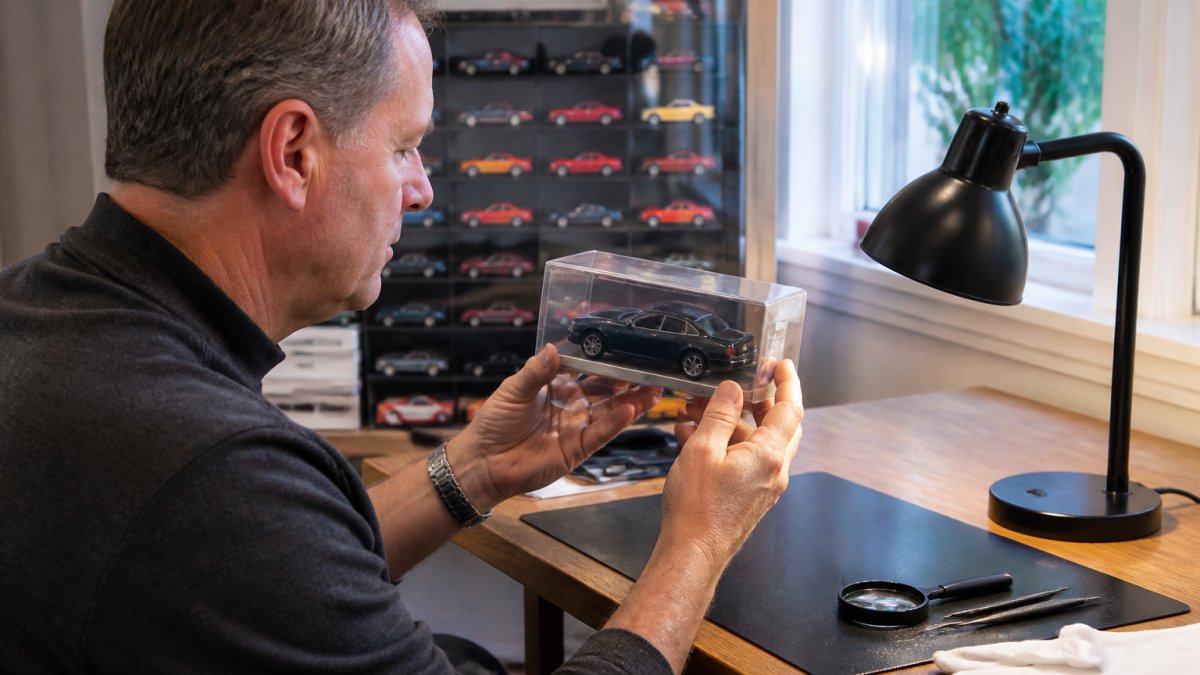 Collector inspecting a factory-sealed diecast movie car in its original packaging under natural light