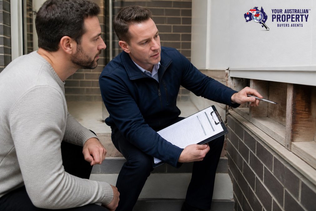 Buyer's agent and investor discussing property details during building inspection, examining structural elements with clipboard and detailed inspection report visible
