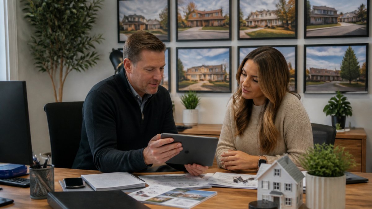 Real estate investor reviewing Nampa rental properties on a tablet in a modern office with local neighborhood photos.