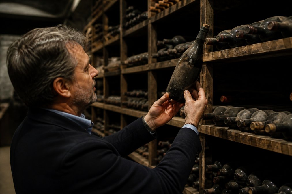 Wine merchant inspecting a dusty bottle of vintage port in a dimly lit cellar with wooden racks