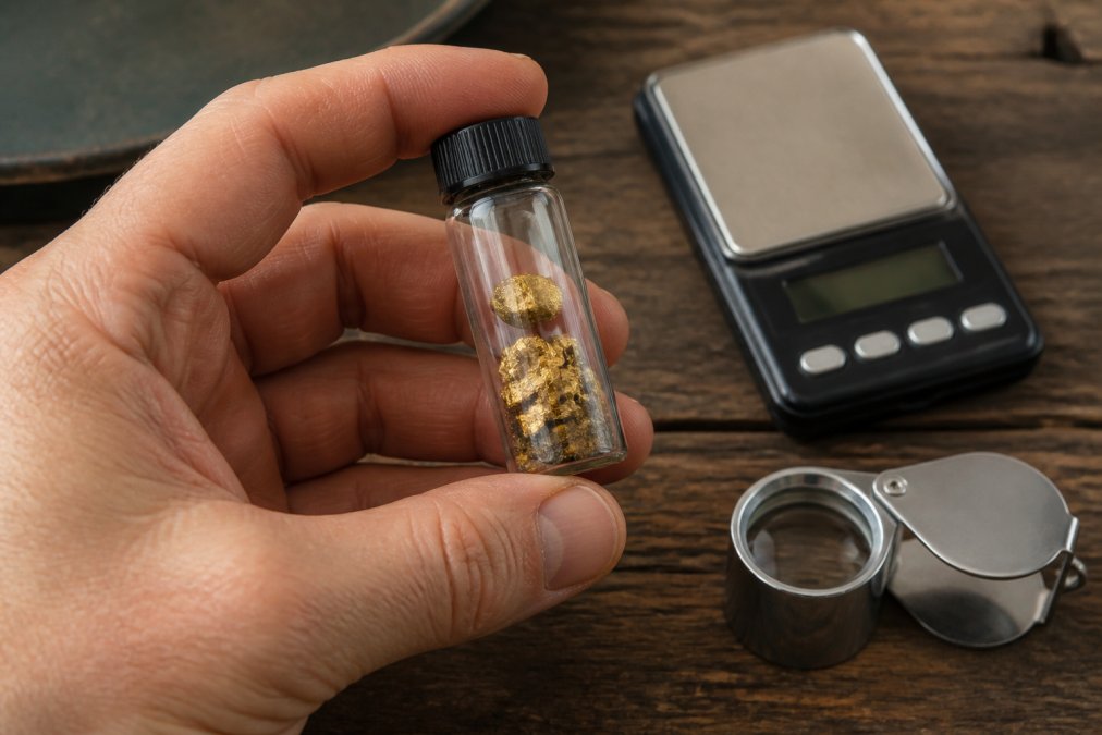 Close-up of a hand holding a small glass vial containing raw placer gold flakes and a tiny nugget, with a jeweler's loupe and a digital scale on a wooden table nearby