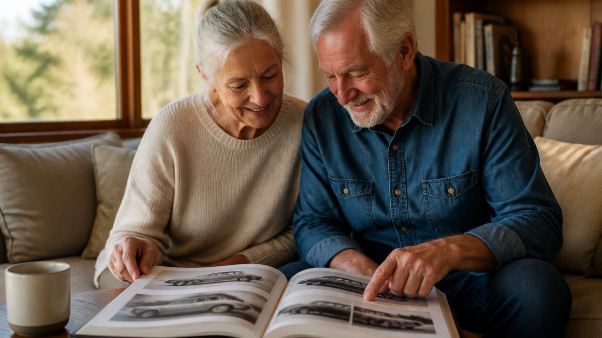 An older couple smiles while looking through a photo book of vintage Australian cars in warm sunlight.