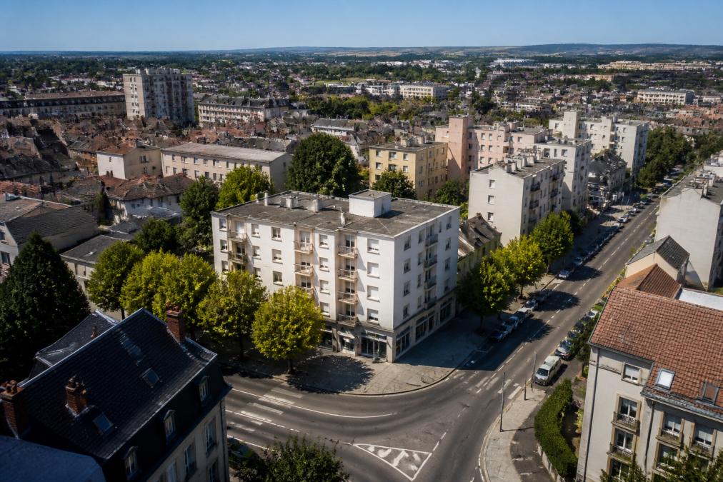 Vue aérienne d'un quartier résidentiel montluçonnais avec immeubles collectifs, commerces de proximité et rues pavées sous un ciel dégagé