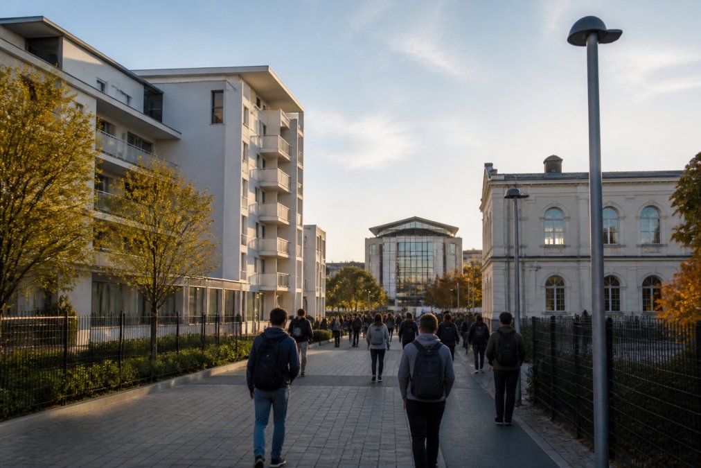 Vue d'une rue animée avec des étudiants marchant vers des bâtiments universitaires, immeubles résidentiels modernes en arrière-plan, lumière naturelle de fin d'après-midi
