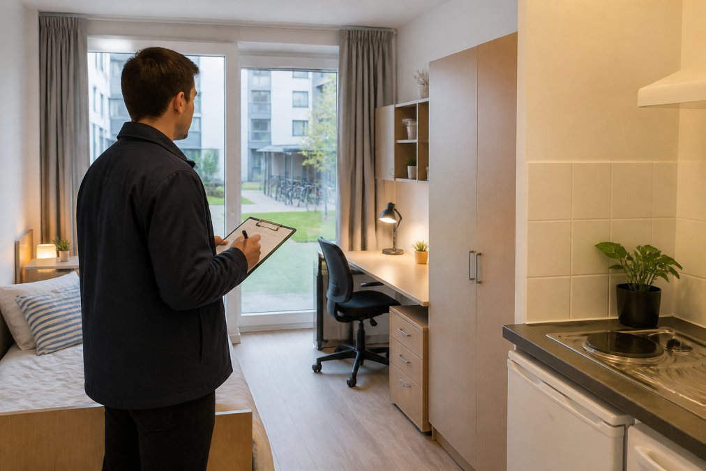 Propriétaire inspectant un petit studio meublé bien entretenu avec vue sur les installations communes, montrant l'état de la propriété et les éléments de confort