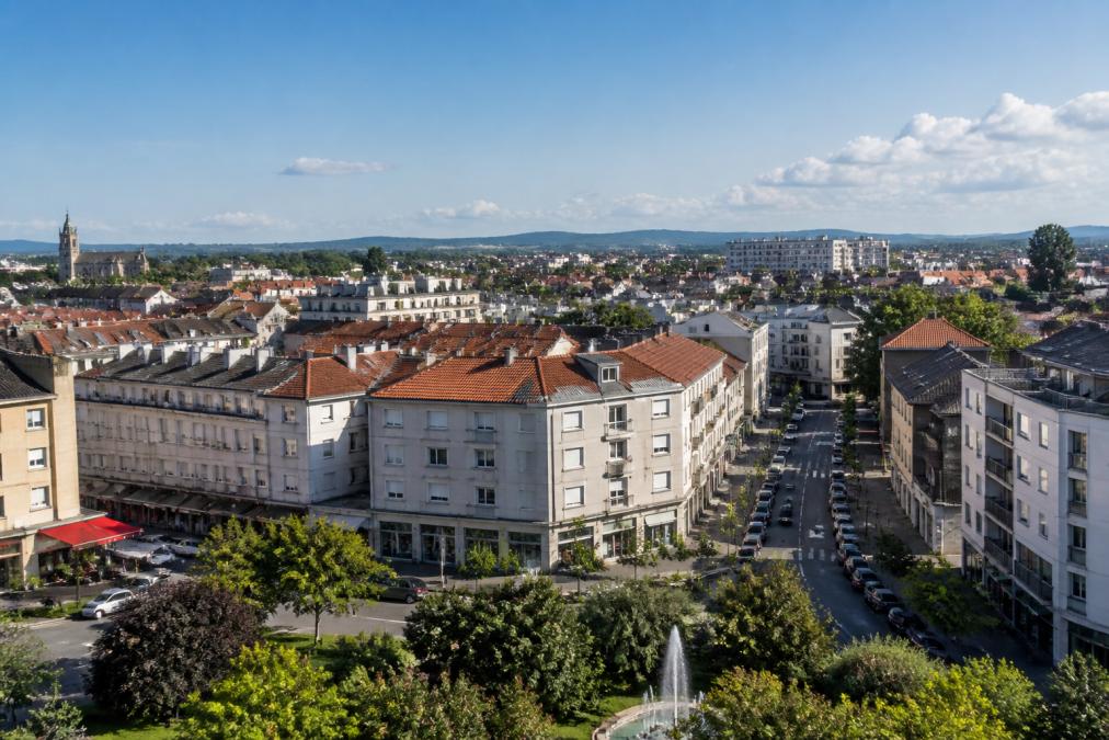 Vue panoramique du centre-ville de Montluçon avec immeubles collectifs, rues commerçantes animées, et espaces verts bien entretenus sous ciel dégagé