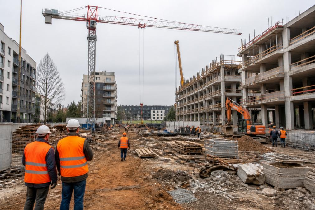 Chantier de construction avec équipes de travail, grues, et matériel de bâtiment sur un site de rénovation urbaine à Montluçon sous ciel nuageux