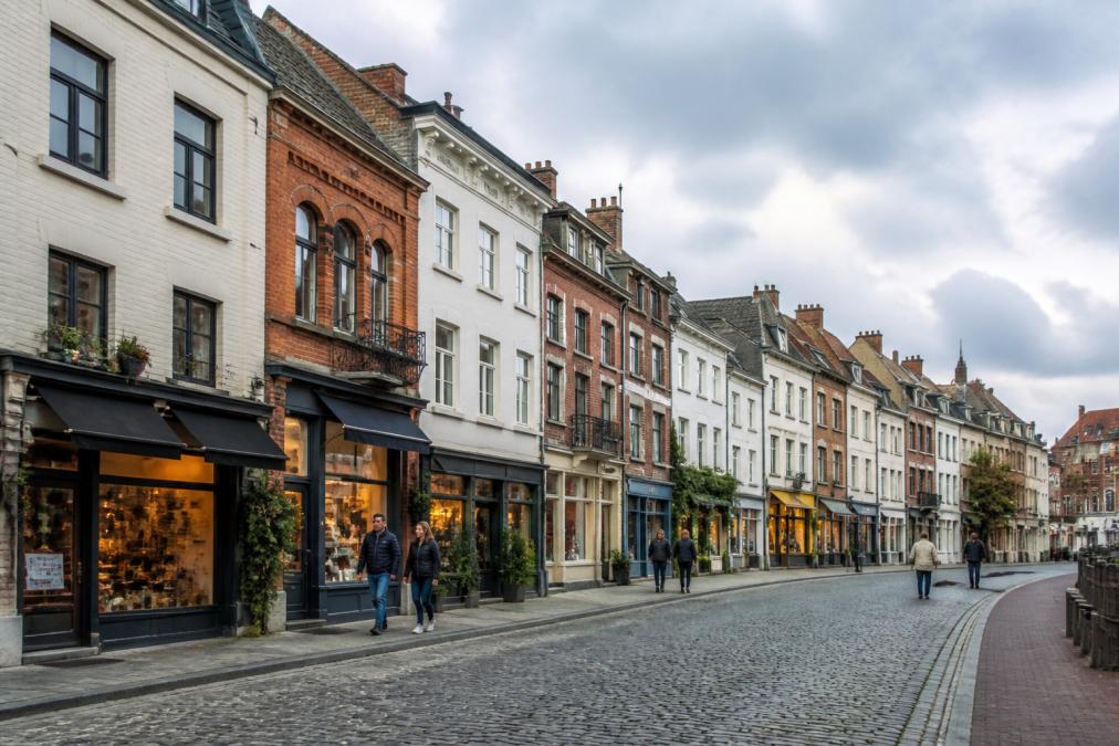 Rue pavée d'une commune du Brabant wallon avec immeubles résidentiels mitoyens, petits commerces au rez-de-chaussée, quelques piétons marchant sous un ciel nuageux