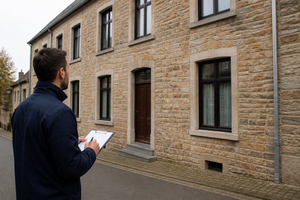 Gestionnaire immobilier inspectant l'extérieur d'un bâtiment résidentiel, notant des observations sur un formulaire d'évaluation, bâtiment en pierre typique du Brabant wallon en arrière-plan