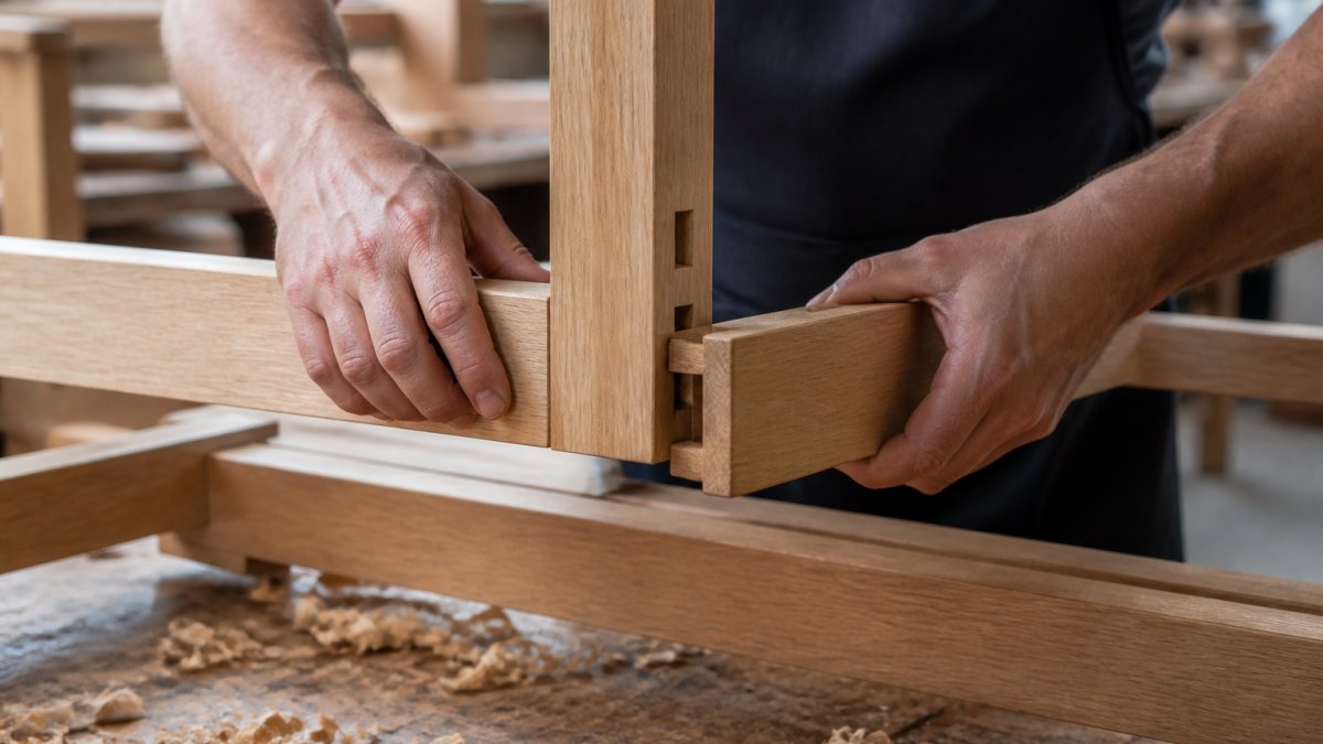 Craftsperson's hands working on wooden sofa frame joinery, showing mortise and tenon joints fitted into hardwood with natural workshop lighting and wood shavings