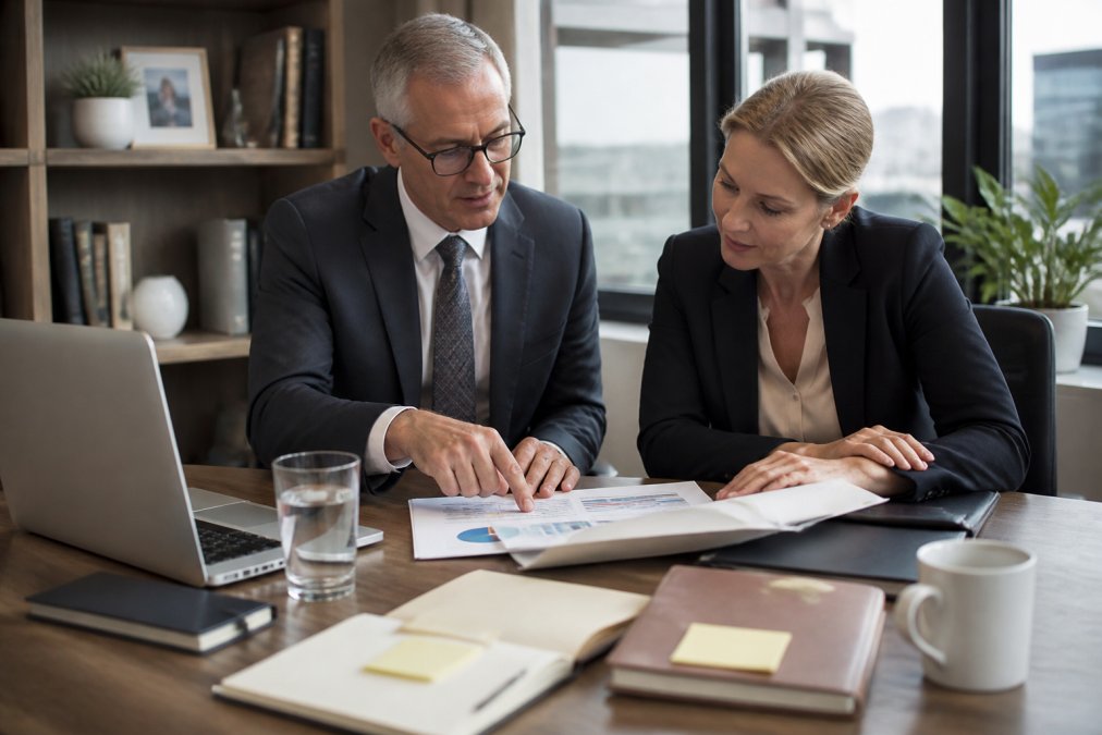 Financial advisor and client in professional attire discussing strategy documents and portfolio reports across a desk in a modern office setting