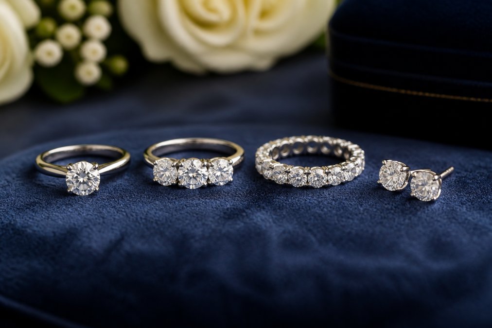 Luxurious display of classic diamond jewellery pieces including a solitaire engagement ring, trilogy ring with three diamonds, eternity band with continuous diamonds, and diamond stud earrings arranged on a velvet surface under soft professional lighting
