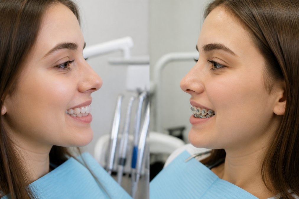 Professional dental setting showing a patient's face in profile on one side wearing clear aligners and on the other side showing traditional metal braces, both in clinical lighting with dental instruments visible