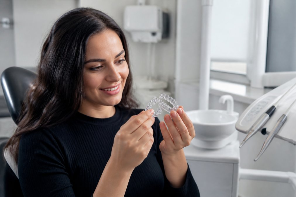 Patient holding clear Invisalign aligner trays in hand, examining them closely in a bright dental office setting with modern equipment visible in the background