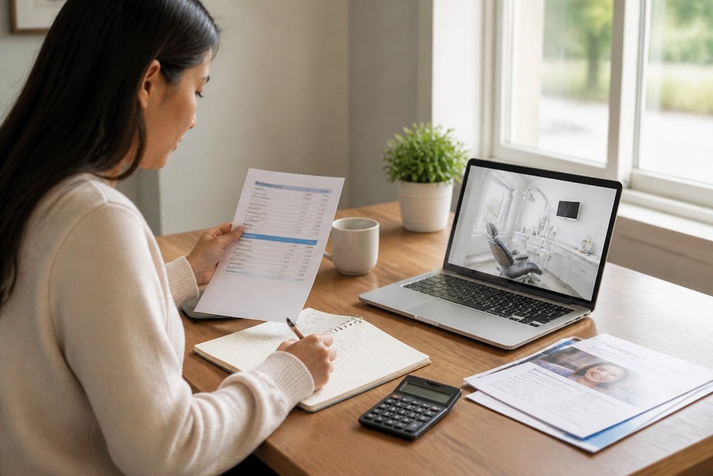 Person sitting at a desk with a notebook and calculator, reviewing treatment plan documents and payment options, with a laptop showing dental clinic information