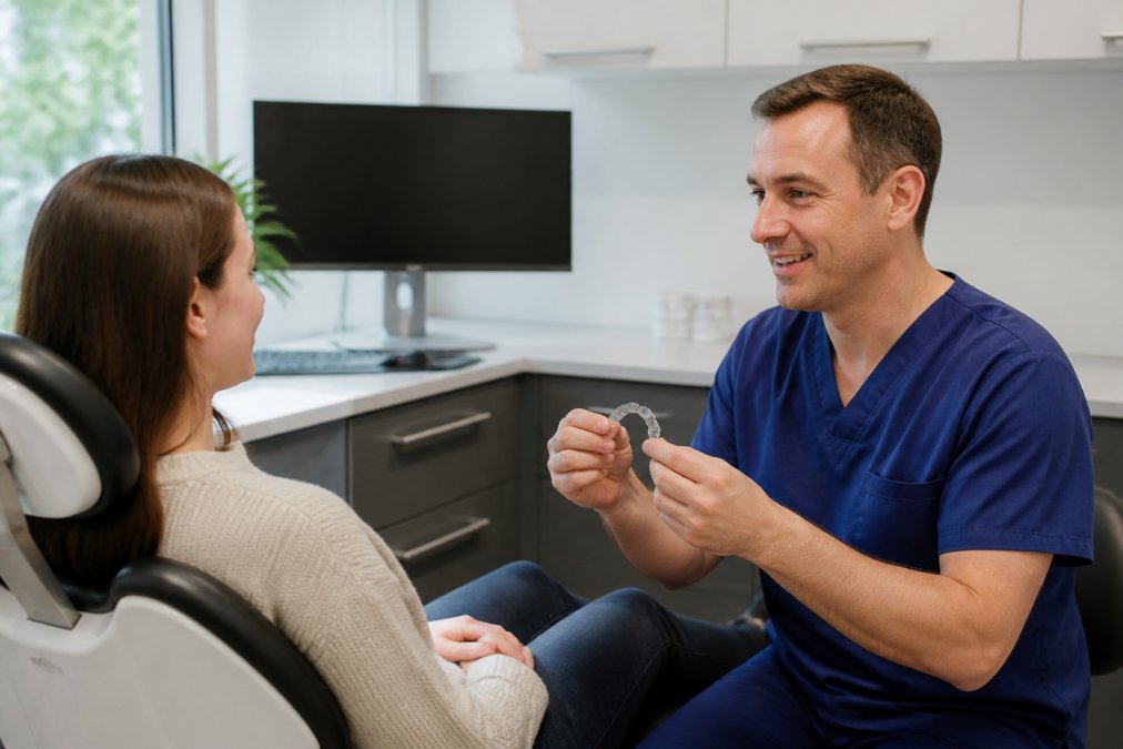 Patient sitting in modern dental chair during consultation, dentist explaining treatment plan with digital smile design displayed on monitor in background, natural clinical lighting
