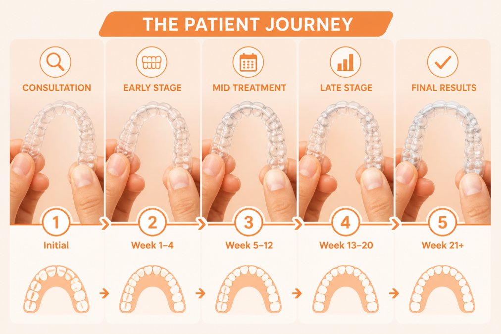 Close-up of hands holding clear aligner trays showing progression of different treatment stages displayed side by side, natural lighting highlighting the transparency and fit of each tray