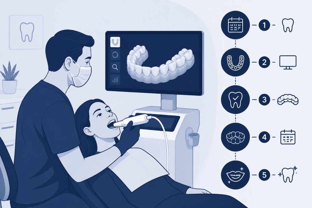 Patient receiving digital dental scan using intraoral scanner in modern dental surgery, showing technology and professional environment