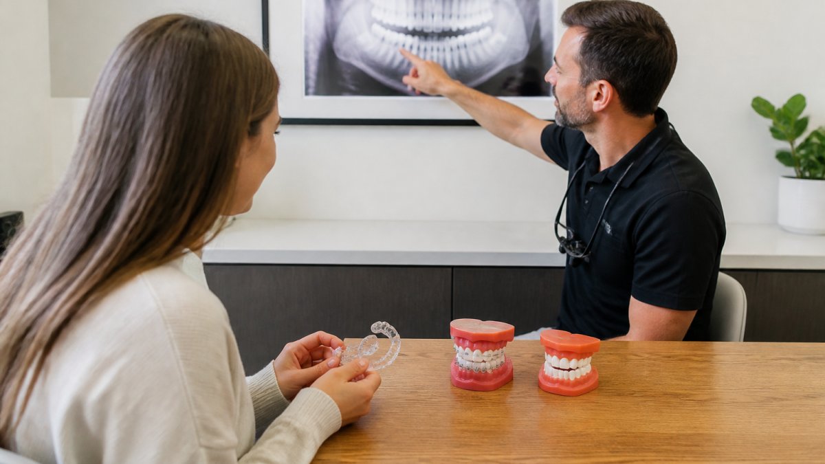 Dentist showing a patient the Invisalign vs braces overbite treatment process using models and a bite diagram