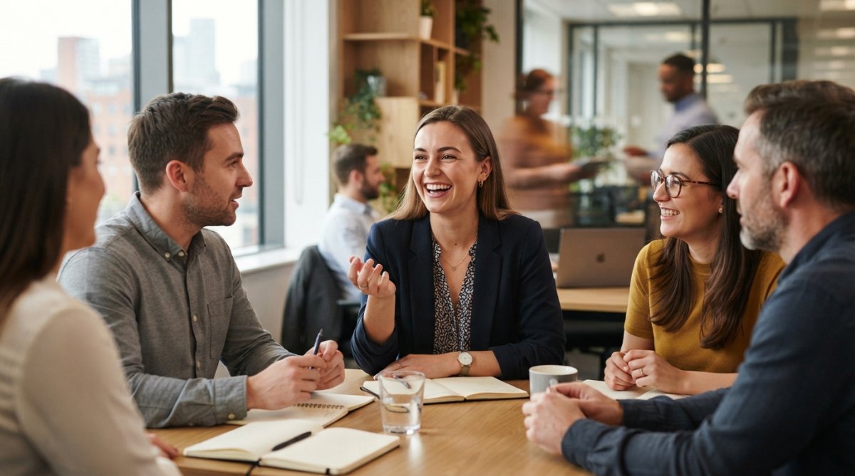 Young professional showing confident smile during business meeting, demonstrating clear teeth and natural expression with natural office lighting