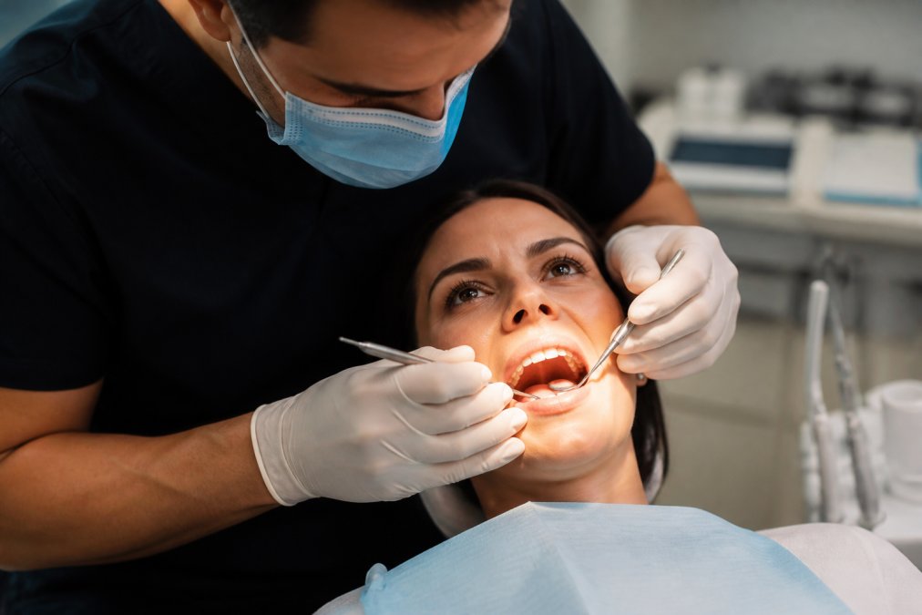 Close-up of a dentist using a dental hand instrument to examine a patient's tooth during a clinical procedure, patient reclined in the chair under bright operatory lighting, conveying precision and clinical care