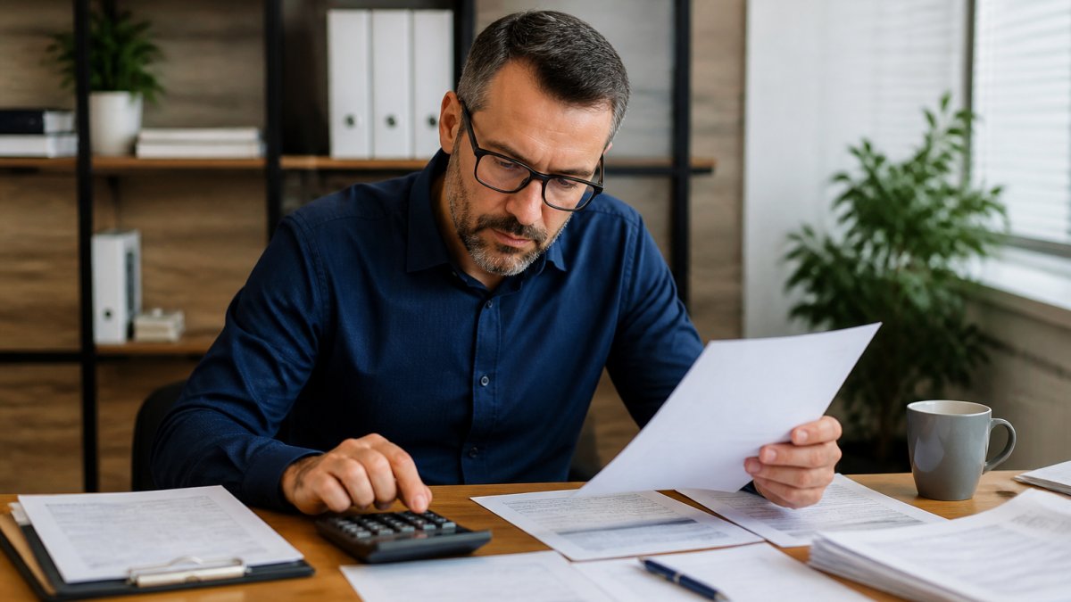 A small business owner reviewing financial documents and invoices at a desk with a calculator and laptop, looking focused and analytical