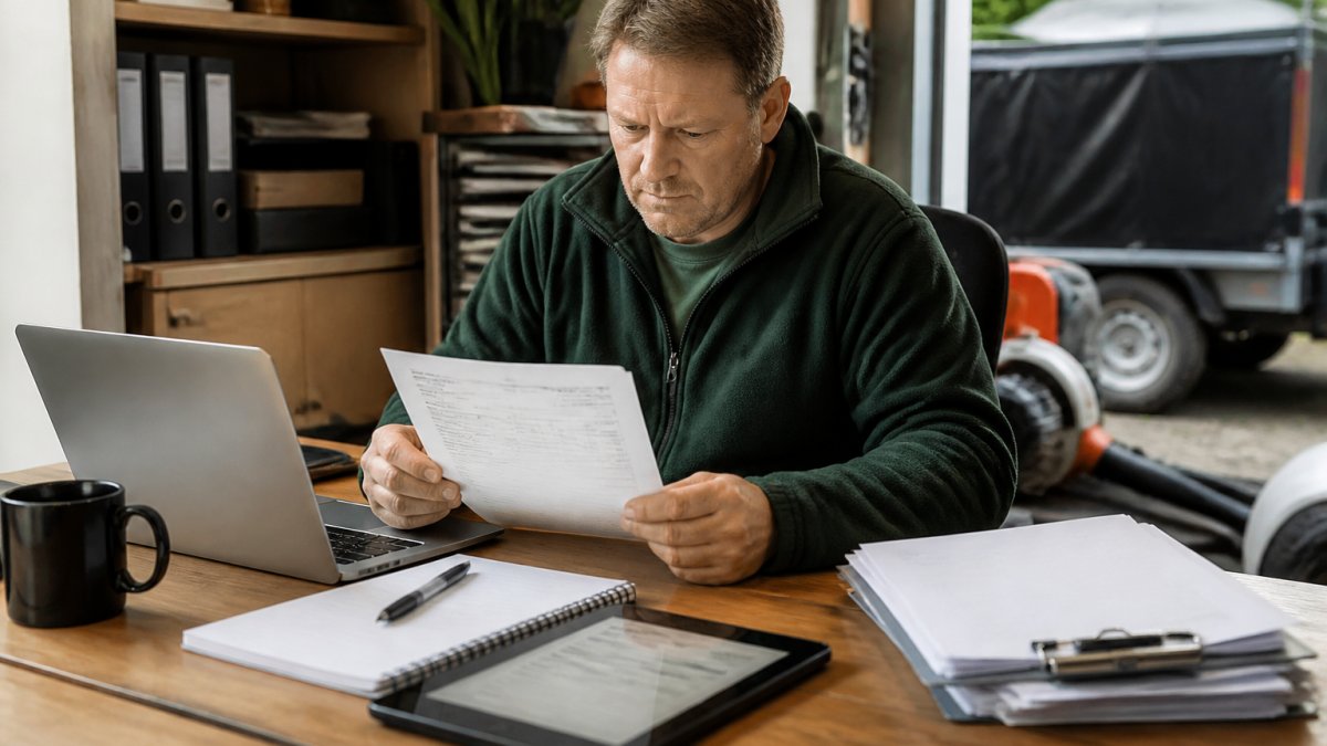 A landscaping business owner at a desk reviewing a paper invoice next to a laptop and coffee cup, with a tablet showing a digital invoice template nearby
