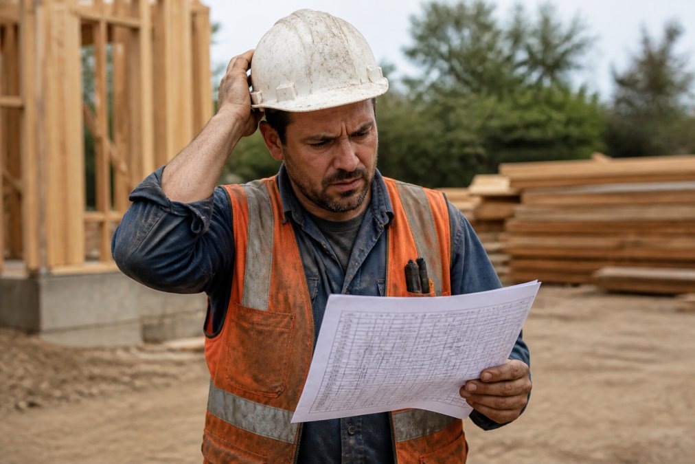 Construction crew foreman in the field looking frustrated at a printed spreadsheet covered in handwritten notes and corrections, natural daylight, worn work vest