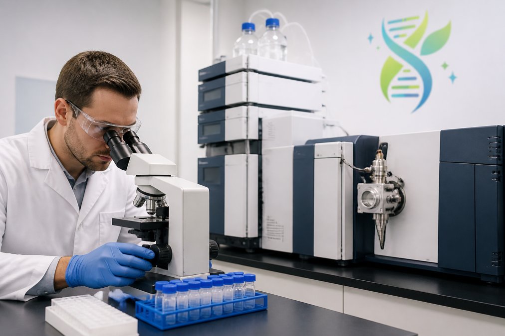 Laboratory technician examining peptide samples under bright lighting in a certified testing facility, with HPLC equipment and mass spectrometry instruments visible in the background