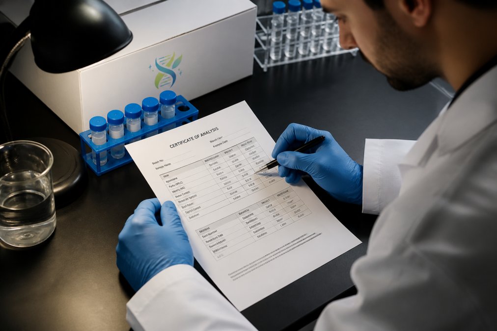 Close-up of a detailed Certificate of Analysis document on a laboratory desk, with a researcher in a white coat reviewing batch-specific data, purity results, and batch number cross-reference under task lighting