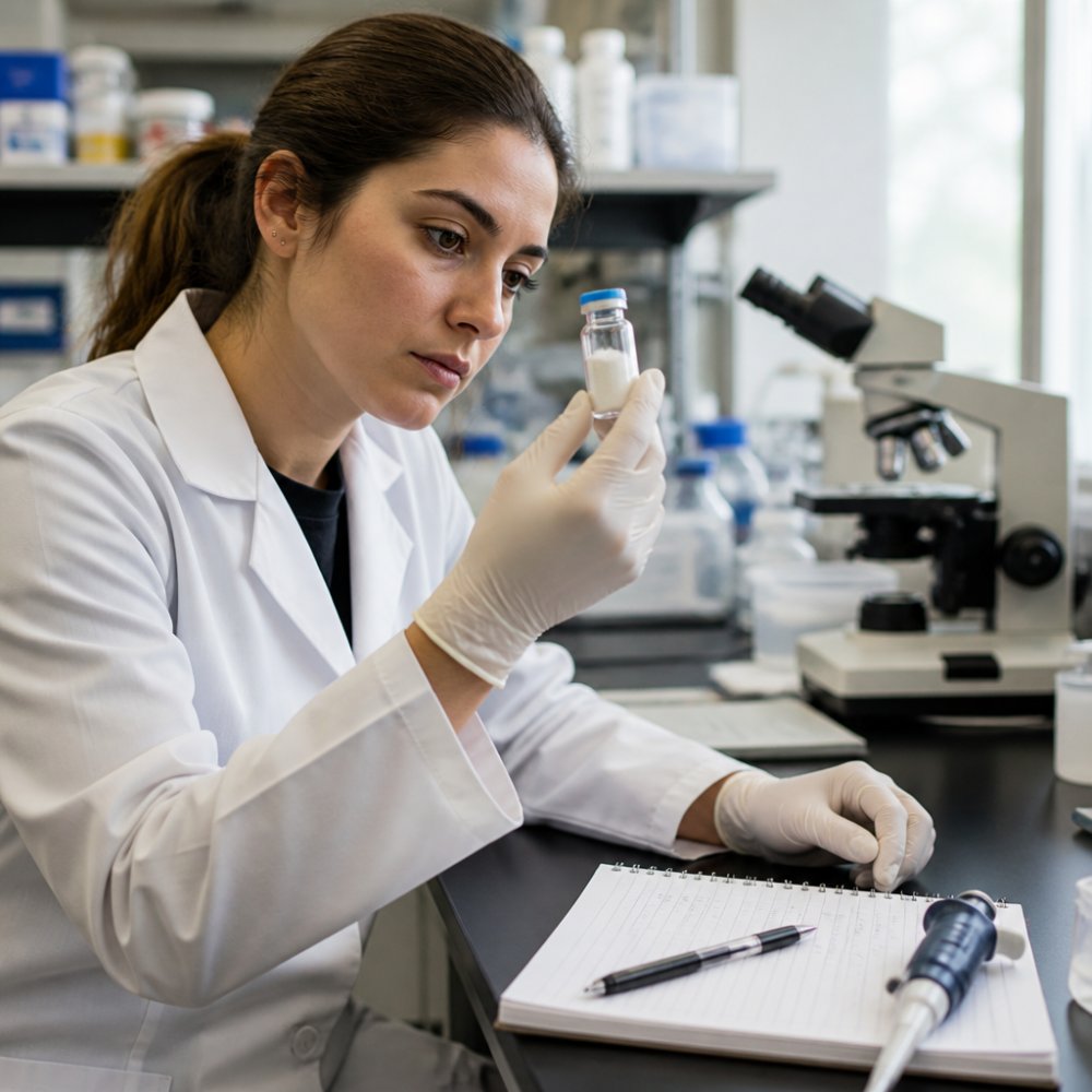 Researcher examining a vial of peptide powder to study the ipamorelin mechanism in a laboratory setting.