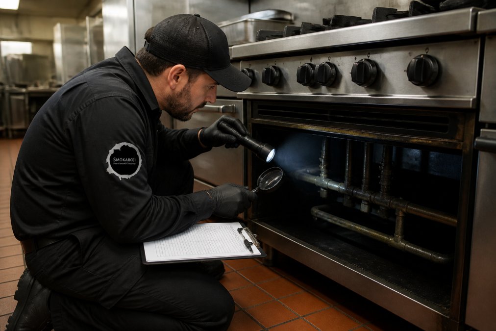 Pest control technician in commercial kitchen setting, inspecting behind stove equipment with flashlight and magnifying glass, taking notes on clipboard, professional uniform visible