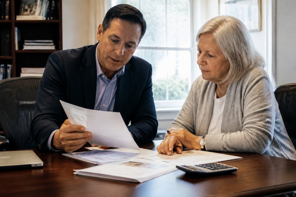 Professional financial advisor and client reviewing retirement tax documents and conversion calculations at desk with laptop and calculator, natural office lighting