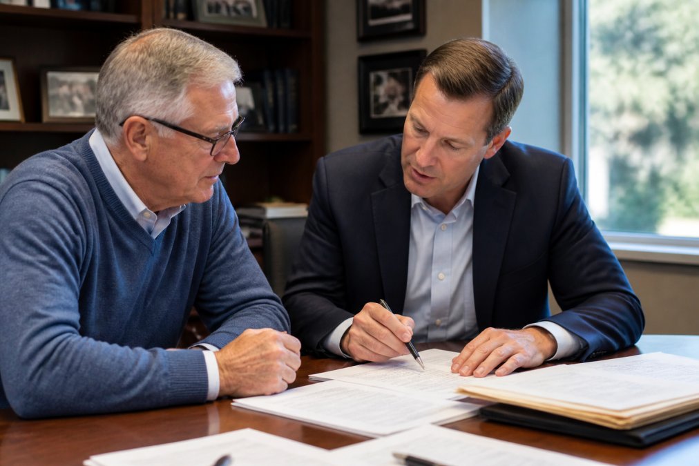 Financial advisor and client reviewing retirement documents and tax forms at desk with laptop, discussing conversion timing strategy, natural daylight from office window