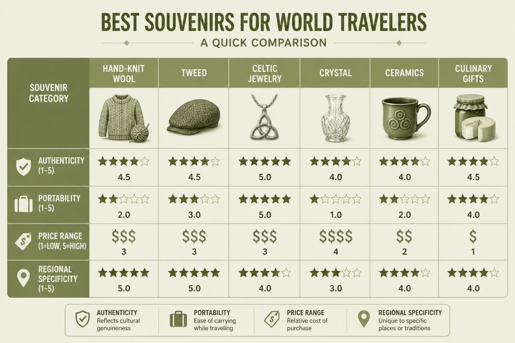 Comparison matrix of souvenir categories (hand-knit wool, tweed, Celtic jewelry, crystal, ceramics, culinary gifts) rated on authenticity, portability, price range, and regional specificity