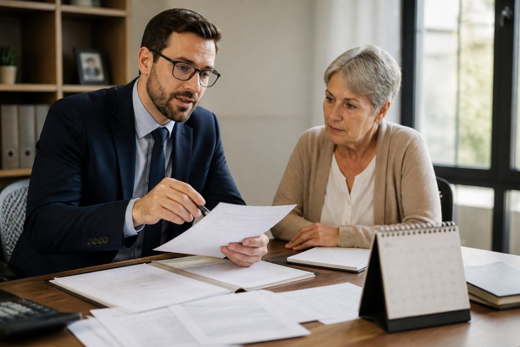 Financial advisor and client reviewing tax documents and a calendar together at a desk with planning materials and income statements visible, natural office lighting