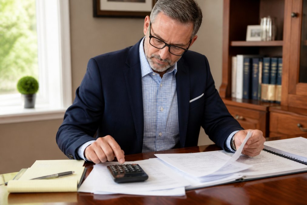 Professional in business attire working on a laptop with retirement planning documents, calculator, and income statements visible on the desk, natural office lighting
