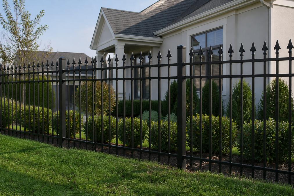 A tall black wrought iron fence with decorative spear-top finials surrounding a residential property, with a clear view of the sturdy posts and tight spacing between bars