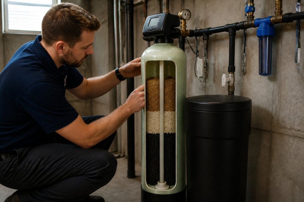 Professional demonstrating iron removal systems for well water technique in modern clinical setting with natural lighting