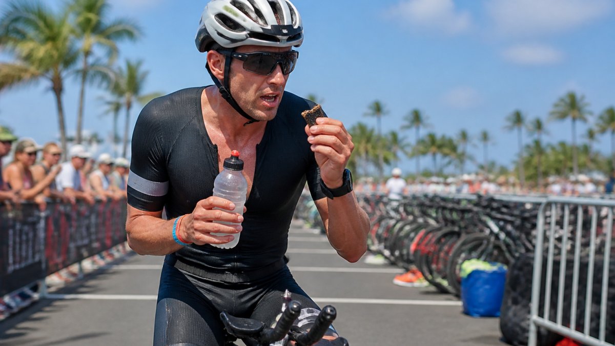 Triathlete in cycling kit holding a water bottle and energy bar mid-race, mounted on bike with transition area and spectators visible in background, bright daylight