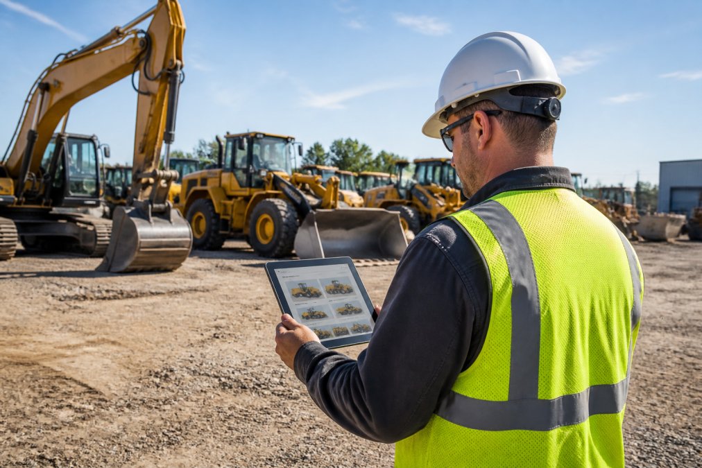 A construction fleet manager in a hard hat reviewing equipment listings on a tablet at an outdoor job site, with excavators and wheel loaders parked in the background under afternoon sunlight