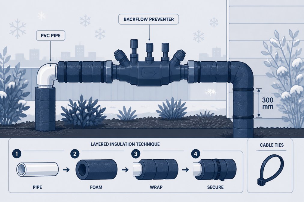 Professional wrapping foam insulation around exposed PVC pipes and a backflow preventer assembly in a Melbourne garden, showing the layered technique with cable ties securing the foam in winter conditions