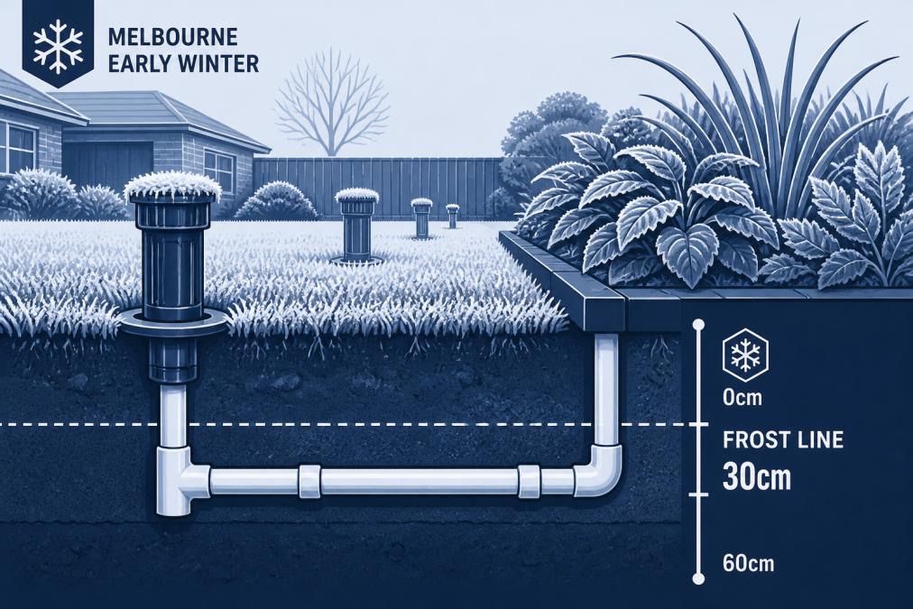 A Melbourne suburban garden in early winter showing frost-covered sprinkler heads and exposed PVC pipes, with a frost line depth marker visible in the ground next to a garden bed