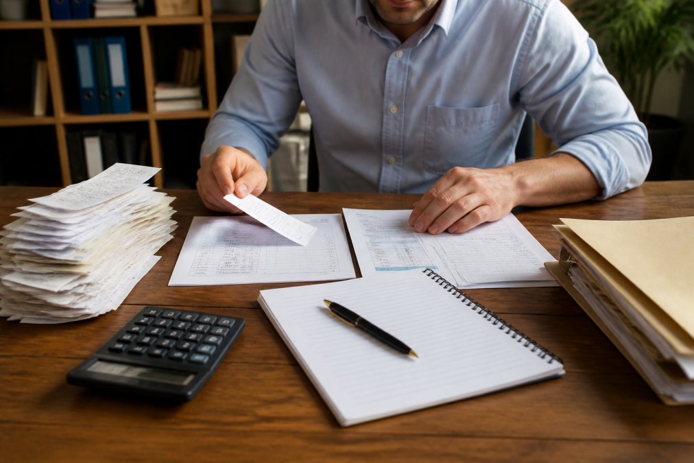 Business owner organizing financial documents, receipts, and invoices on a desk with a calculator and audit preparation notebook, natural office lighting
