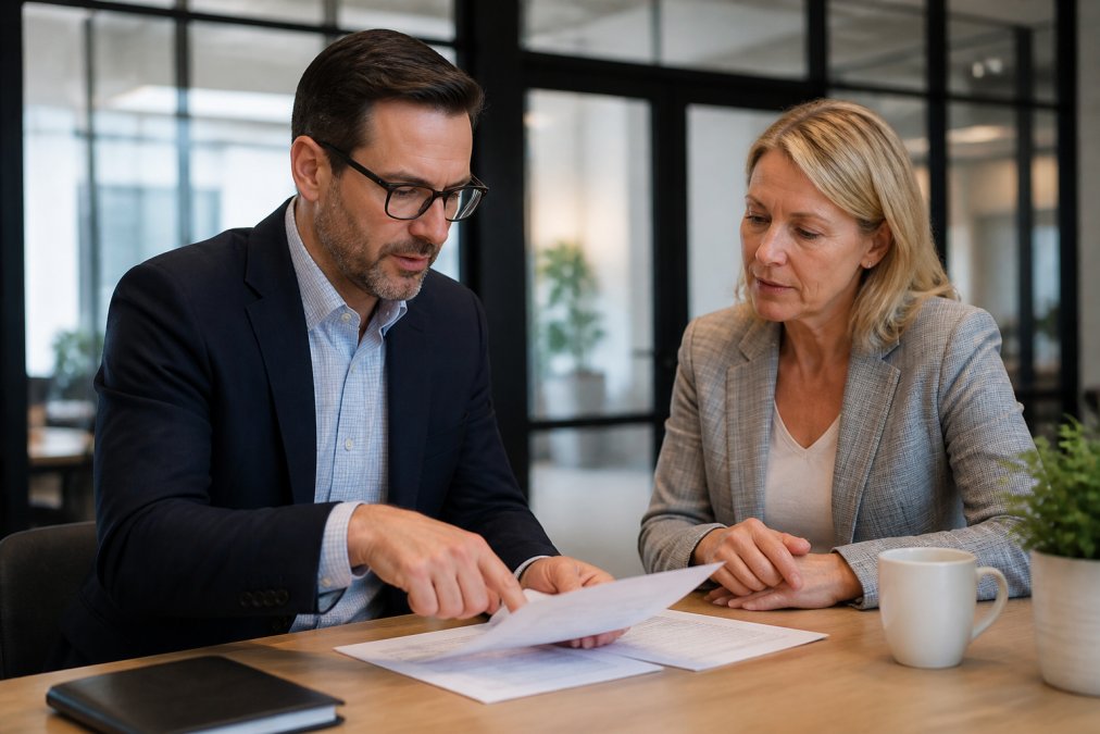Professional tax advisor meeting with business owner at a table, reviewing tax documents and discussing audit strategy in a modern office setting
