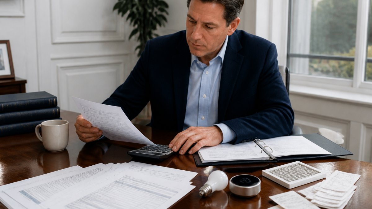 Professional investor reviewing IRS Form 5695 documents at a desk with energy-efficient product receipts, calculator, and home improvement invoices organized nearby