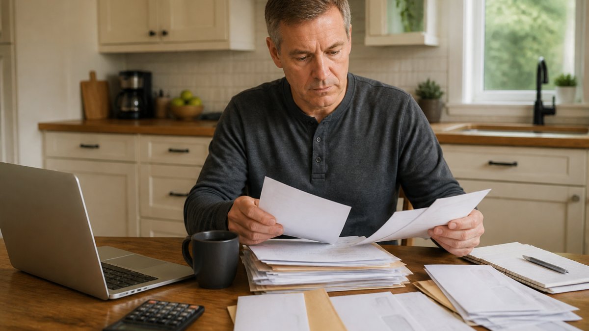 A person at a kitchen table sorting through a stack of tax documents and envelopes with a laptop open, natural window light, focused expression
